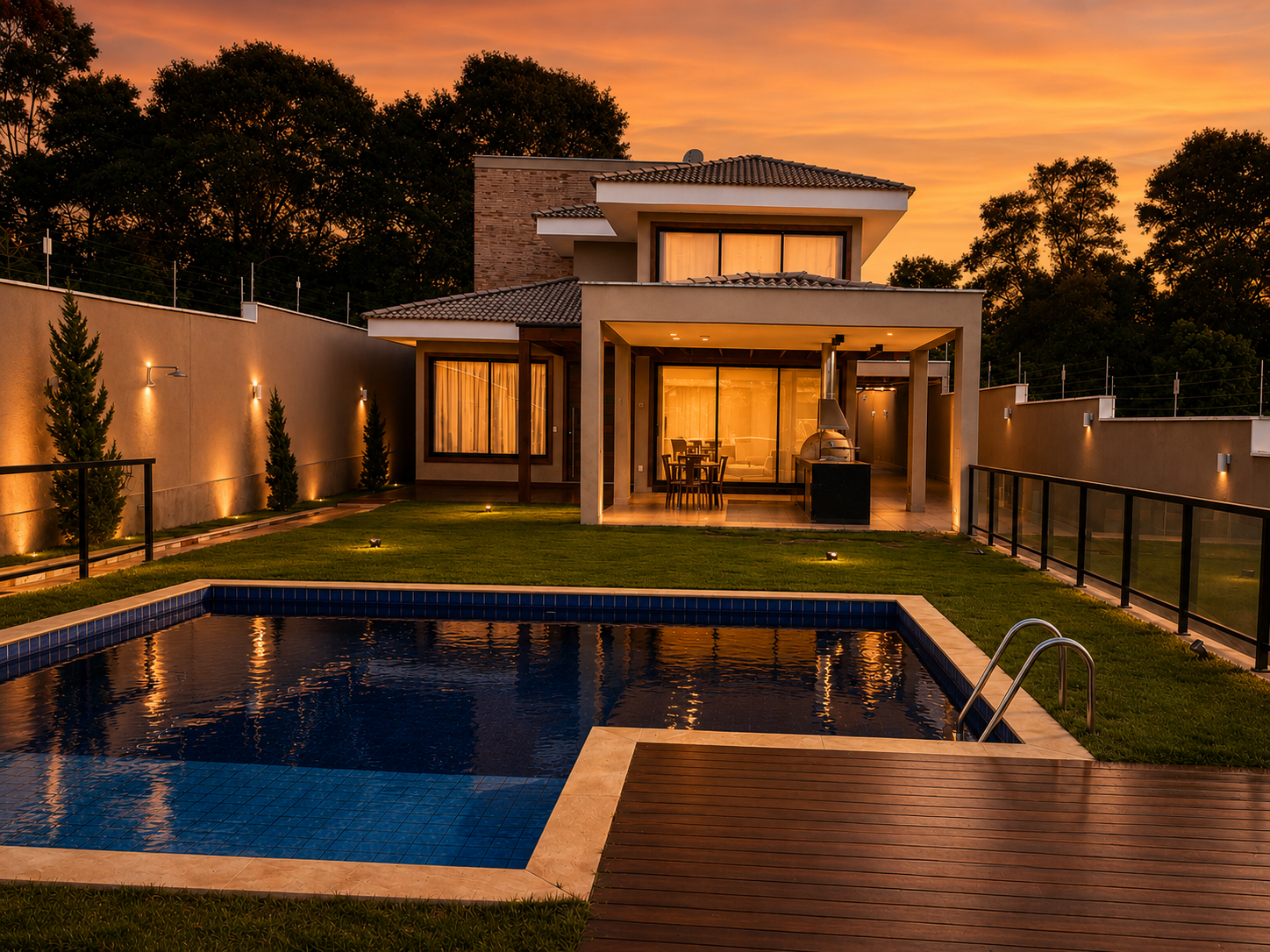 Fachada posterior com piscina ao entardecer