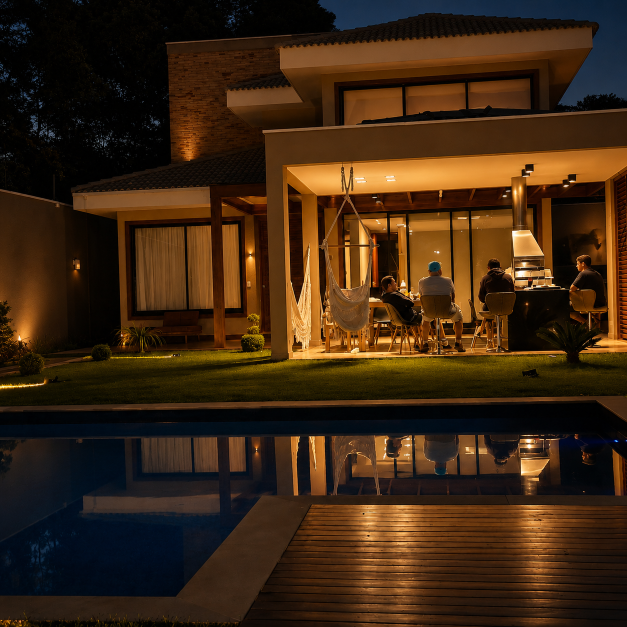 Sala integrada com vista para o jardim