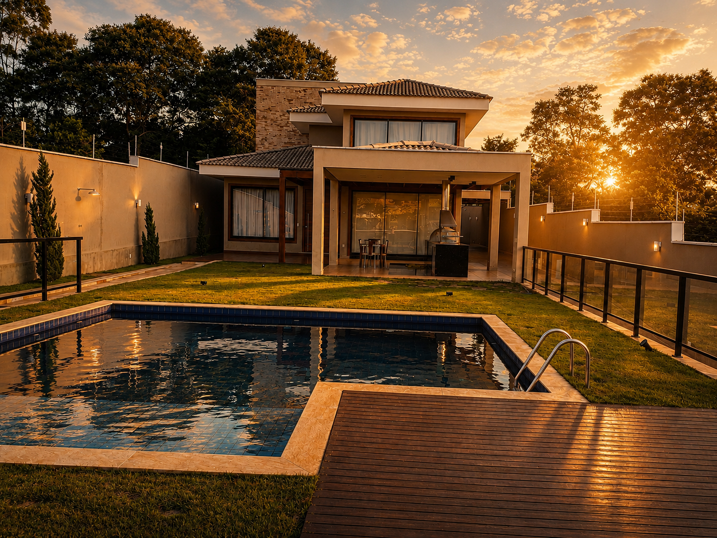 Piscina ampla com deck de madeira